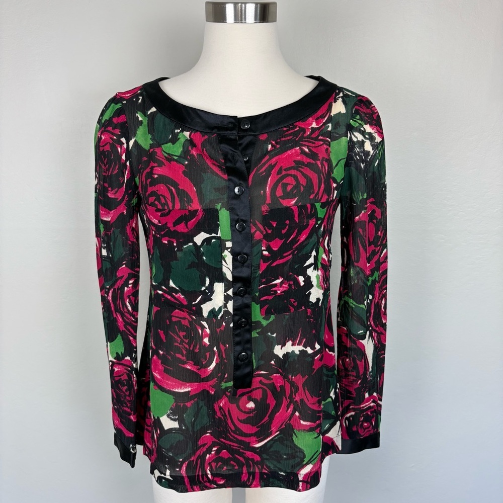 Nanette Lepore NWT Sheer Floral 100% Silk Blouse Top Black Pink Size 2 Romantic